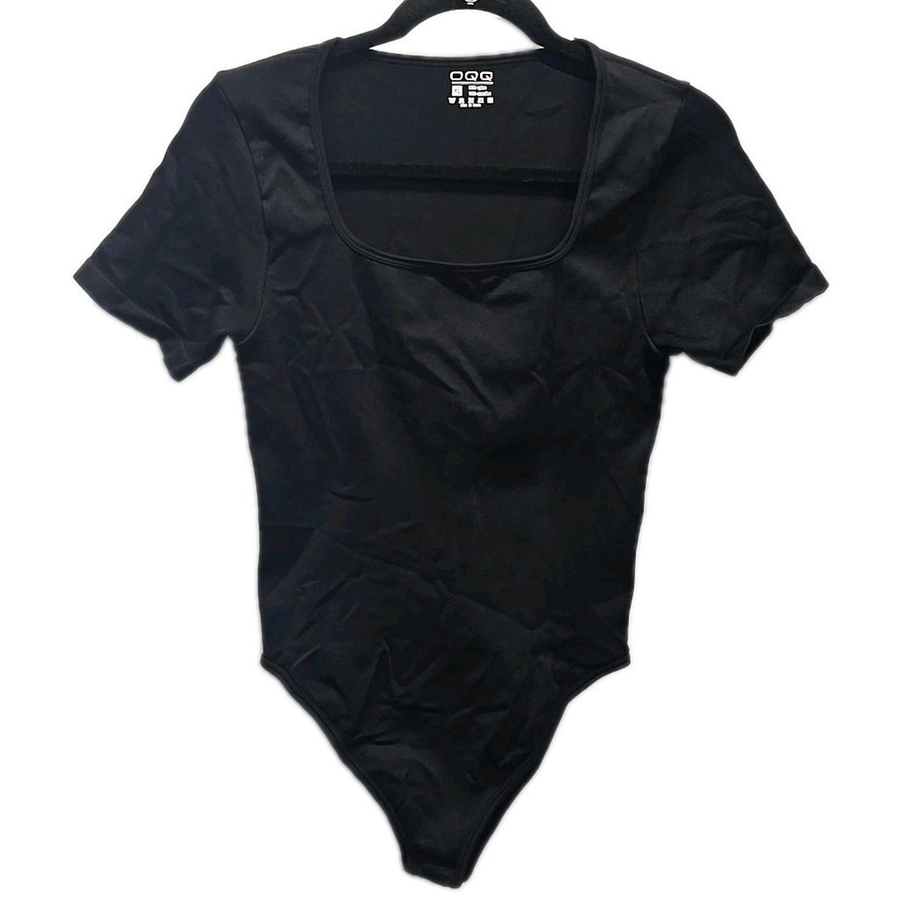 OQQ Black Square Neck Bodysuit Short Sleeve Minimalist sz XL